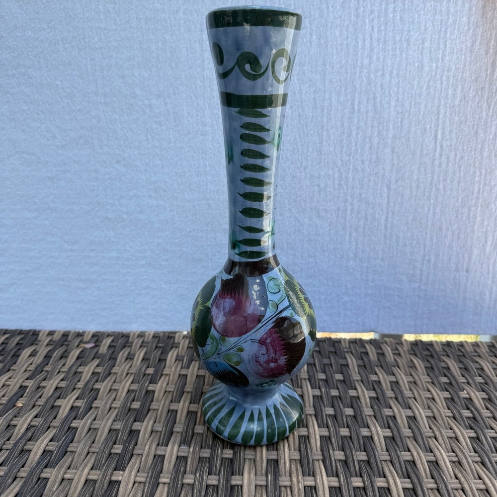 Vintage Mexican Pottery Vase Hand Painted Blue Green Floral Tall Ceramic 11.5″