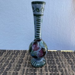 Vintage Mexican Pottery Vase Hand Painted Blue Green Floral Tall Ceramic 11.5″
