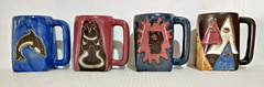 Design By MARA – Handmade & Signed – Mexico Pottery – Square Mug LOT / SET of 4