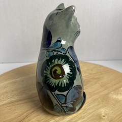 Vintage Tonala Cat Signed Hand Painted Floral Ceramic Mexico Folk Art Pottery