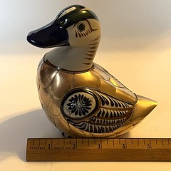 Vtg Tonala Mexico Pottery Duck Figurine Armored Brass Scales Hand Painted 5.5″ H