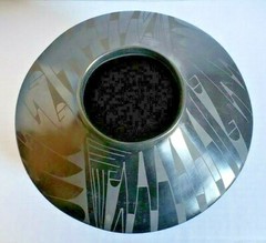 RARE Signed Gris Camacho black modern decorative bowl vase on wood sinew base