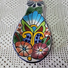 Talavera Spoon Rest Mexico Pottery Hand Painted Ceramic Lead-Free Floral Design