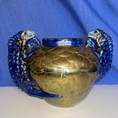 Sergio Bustamente Style Mexico Art Pottery Brass Scales Iguana Handle Vase