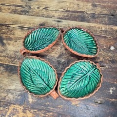 Set of 4 Vintage Patamban Barro Verde Leaf Bowls Green Glazed Mexican Pottery