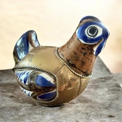 VINTAGE TONALA POTTERY MEXICO BRASS / CERAMIC Bird FIGURINE