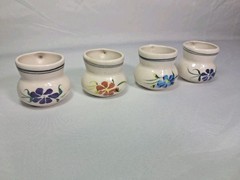Hand Painted Mexican Art Miniature Clay Pitchers Mugs Set Of 4 Mexico Vintage