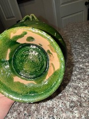 Vintage Green Redware Pottery piece from Oaxaca, Mexico, featuring an applied fl