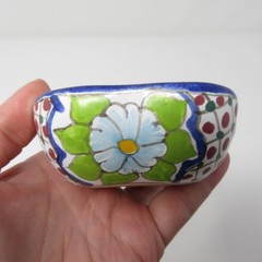 Hand Painted Puebla Mexico Pottery Heart Dish Tepépa Signed 1999 Floral 3.25″