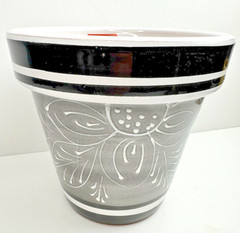 Hand Painted Black & White Talavera Pottery Flowerpot Planter Has Drainage Hole