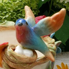 Cream Color Flower Pot Hummingbird Nest Butterflies Handmade Tonala Mexican Art