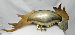 Vintage Mexican Hand-Wrought Brass Parrot Tray Dish Abalone Shell Inlay L82S