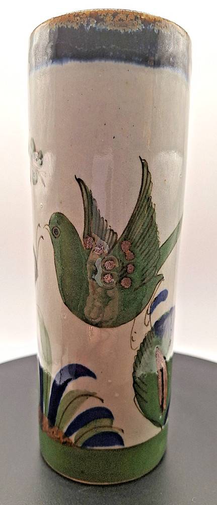Vtg Ken Edwards Style Tonala Mexican Pottery Hand Painted Green Bird Vase