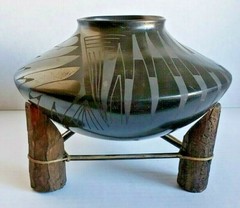 RARE Signed Gris Camacho black modern decorative bowl vase on wood sinew base