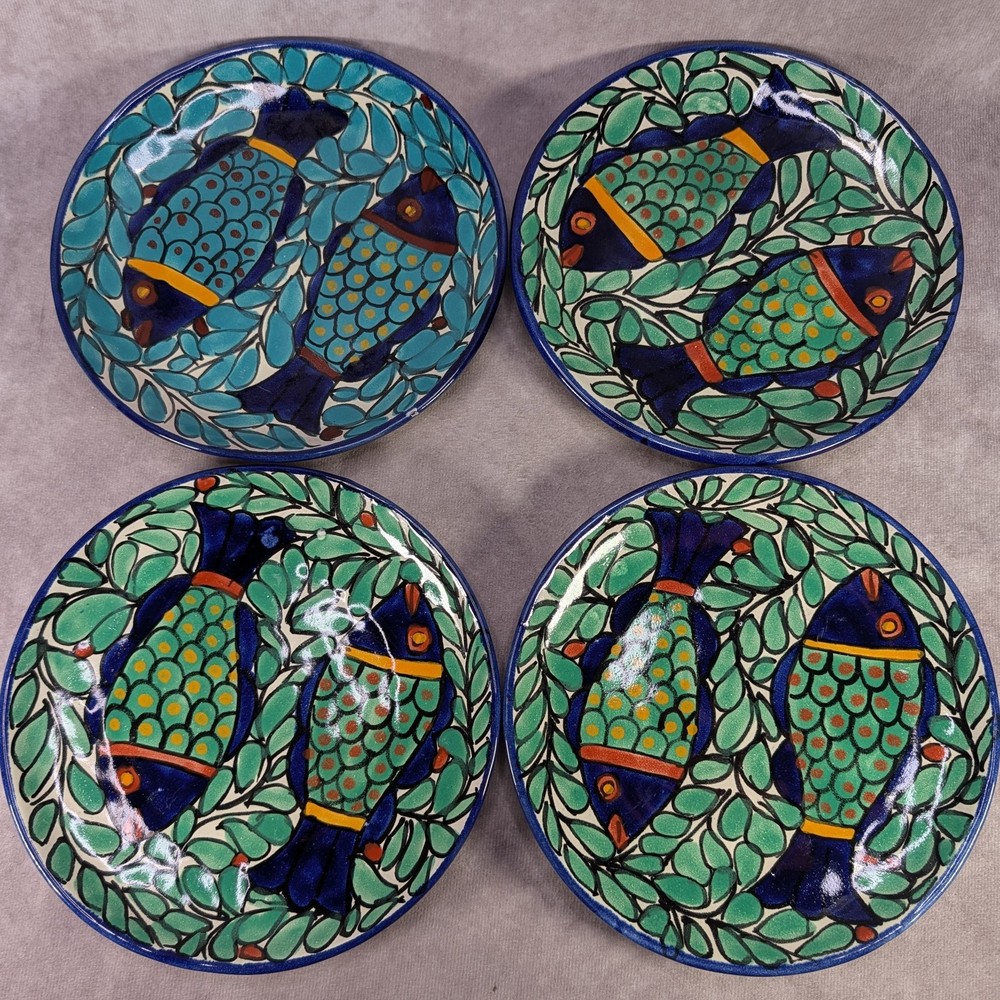 JMB Mexico Talavera Pottery 7.5″ Fish Plate Set Of 4 Hand Painted Folk Art