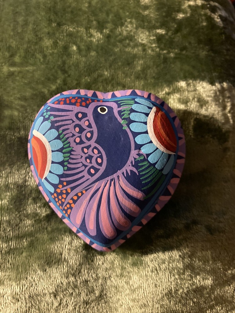 Heart Shaped Trinket Box Mexican Pottery Handpainted