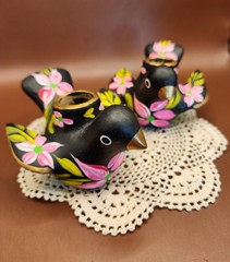Vintage Tonala-Style Mexican Folk Art Bird Taper Candle Incense Holders Pair