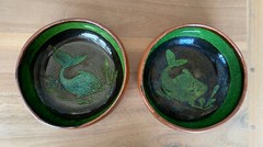 Set of 2 – Fish Folk Art Terracotta Pottery Bowls – 6.5” – Mexico – Signed A.C.