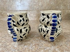 GTO Mexican Handmade Pottery Owl Mugs Pair Black White Blue Hand Painted 3” (2)