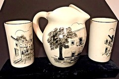 3 pc Mexico Pottery Pitcher 2 Tumbler Set Signed Guanajuato GTO Modern St Scenes