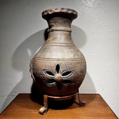 Rustic Clay Pottery Table Top Chiminea With Metal Stand