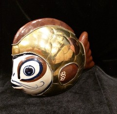 Brass & Ceramic Armored Fish Pottery Figurine Metal Vintage