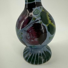 Vintage Mexican Pottery Vase Hand Painted Blue Green Floral Tall Ceramic 11.5″