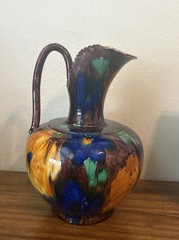 Vintage Oaxacan Mexican Drip Glazed Floral Pottery Pitcher Ewer Jug 12″