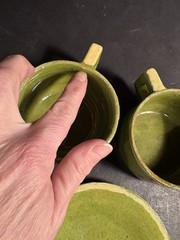 Lot Vintage 1940s Green Mexican Tlaquepaque Tonala Cups Saucer Plates Redware