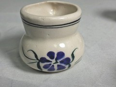 Hand Painted Mexican Art Miniature Clay Pitchers Mugs Set Of 4 Mexico Vintage