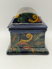 Vintage Mexican Folk Art Pottery Lidded Box Hand Painted Blue Floral Ceramic