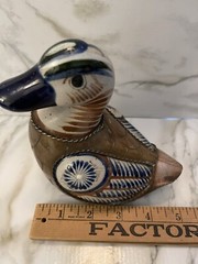 Vintage hand painted Mexican folk art tonala Copper & brass duck figure