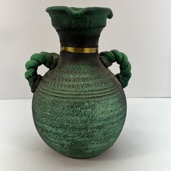 Stunning 9″x 7″ Vintage Mexican Pottery Vase Adorned w/Terracotta Copper & Brass