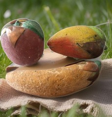 70s VTG Mexico Burnished Clay Fruit Apple Mango Banana Terracotta Brass Inlay HP