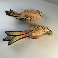 Pair Vintage Parrot Handpainted 5”Figures Signed Mexico Peach Blue Green Coral