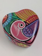Vintage Mexican Pottery Heart Box Hand Painted Floral Bird Jewelry Dish