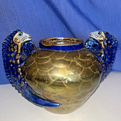 Sergio Bustamente Style Mexico Art Pottery Brass Scales Iguana Handle Vase