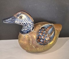 Vintage Brass And Ceramic Hand Painted Duck Sculpture