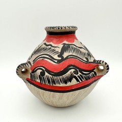 Vtg Handmade Mexican Pottery Round Vase 3 Handles Red Black Clay Hecho en Mexico