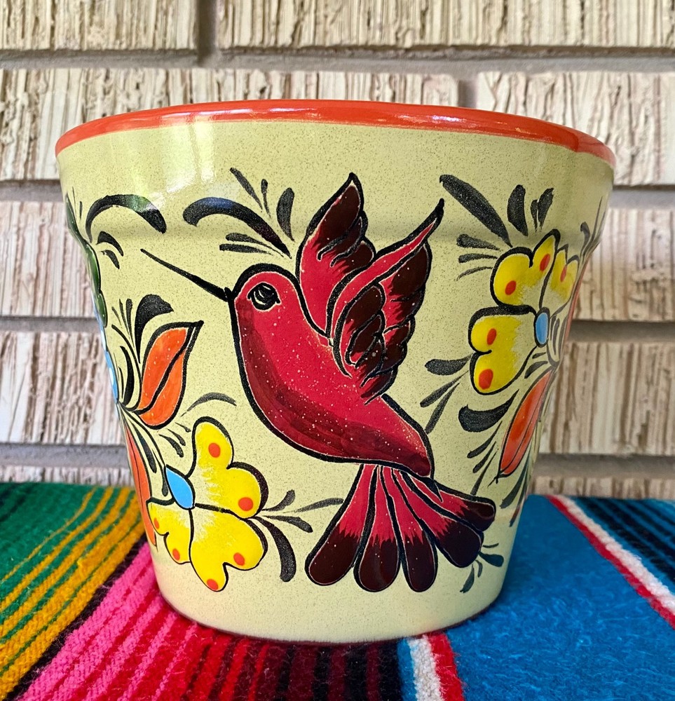Lg Mexican Ceramic Flower Pot Planter Folk Art Pottery Handmade Talavera L#9