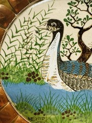 Estate Rare Mexican Hand Painted Ceramic Duck Plate W/ Brass & Copper