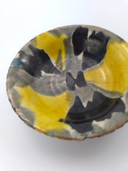 Two Vintage Oaxaca Mexico Majolica Drip Ware Trinket Dishes Yellow/Grey/Black