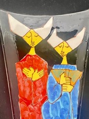 VTG ITALIAN CAPRI MCM CERAMIC HANDMADE WALL PLAQUE 10″ x 6″, TWO NUNS, c1960 vg