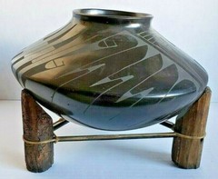 RARE Signed Gris Camacho black modern decorative bowl vase on wood sinew base