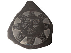 Vintage Carved Black Stone Pottery Inca Wall Hanging Sun Plate 11 In Tall