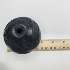 Vintage Oaxaca pottery vase black round floral carved design pot Mexico 2.25 h