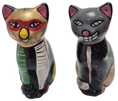 Vintage Mexican Pottery Folk Art Terracotta Cat Figurines Hand Painted 7.5″ x 5″