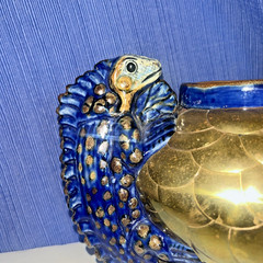 Sergio Bustamente Style Mexico Art Pottery Brass Scales Iguana Handle Vase