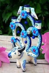 Tree of Life Candelabra Bull Birds Flowers Handmade Clay Mexico Folk Art Tiny Sz