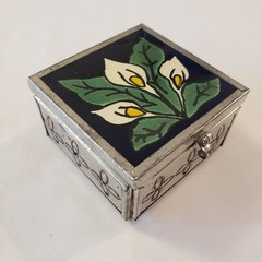 Blue White Calla Lilies Mexican Talavera Trinket Box Mirror 2.5”